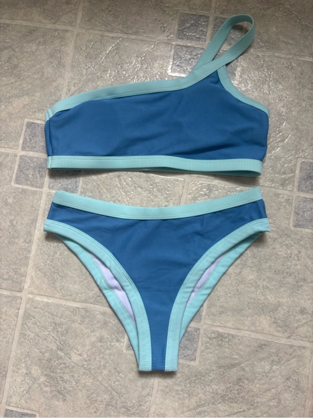 SHEIN Blue and Light Blue One-Shoulder Bikini Set